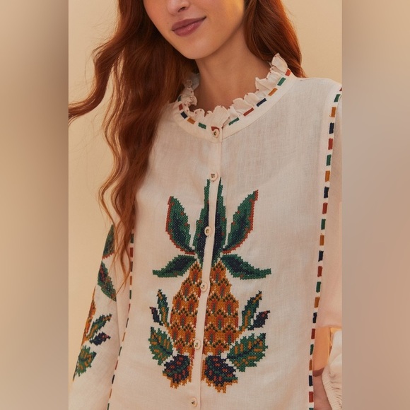 Farm Rio: Light Pink Cross Stitch Pineapple Embroidered Midi Dress - Picture 7 of 12